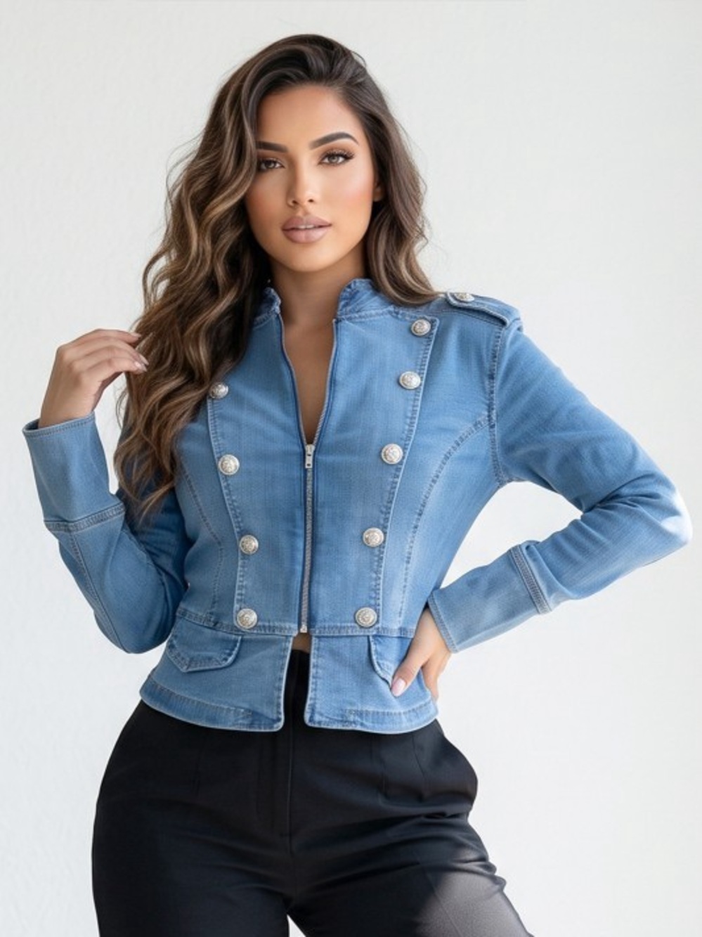Denim Military-Style Zip Jacket - Light Blue